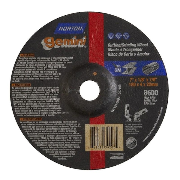Norton Co Grinding Wheel, Depressed Center, Type 27 - Metal - Gemini Alum Oxide, 7 x 1/8 x 7/8, Max RPM: 8600 662529-39207 - main